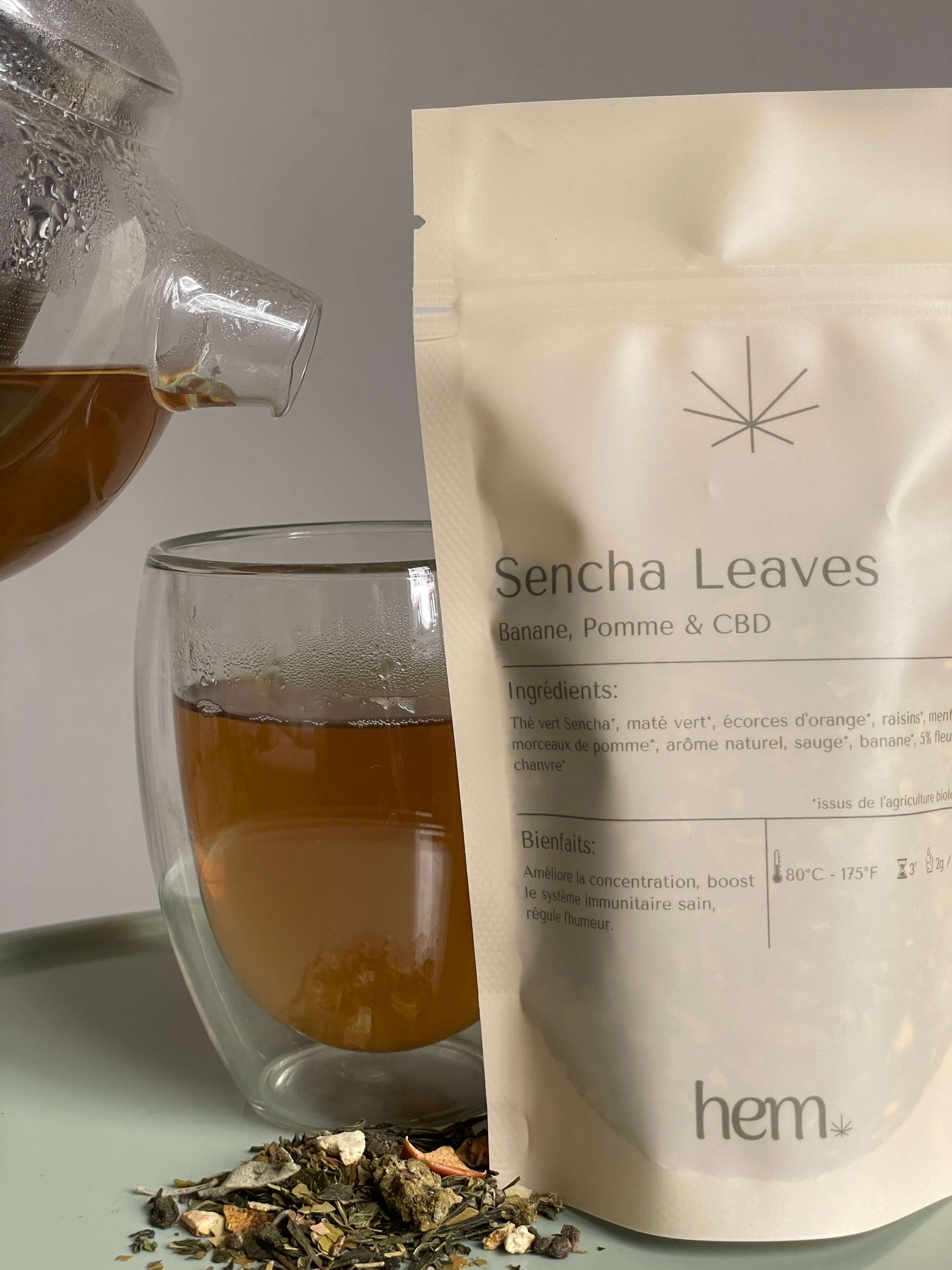 Brewed Sencha leaves and packaging HEM